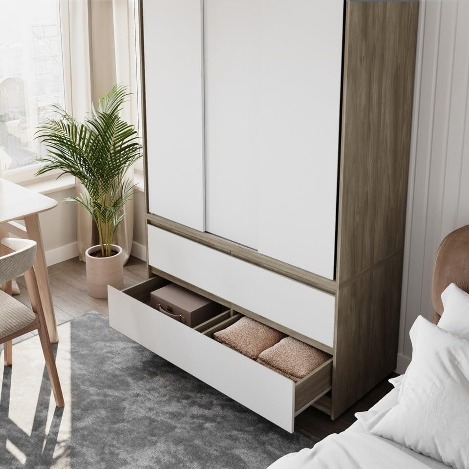 Sliding Door Wardrobe with Drawers Hanging Rail Storage Oak White
