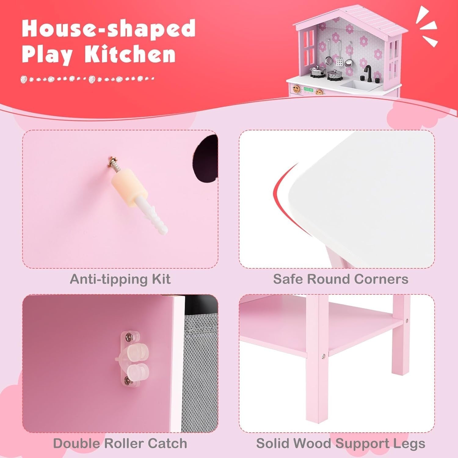 Wooden Kids Play Kitchen Pink Toy Set Sink Dishwasher Storage Stove