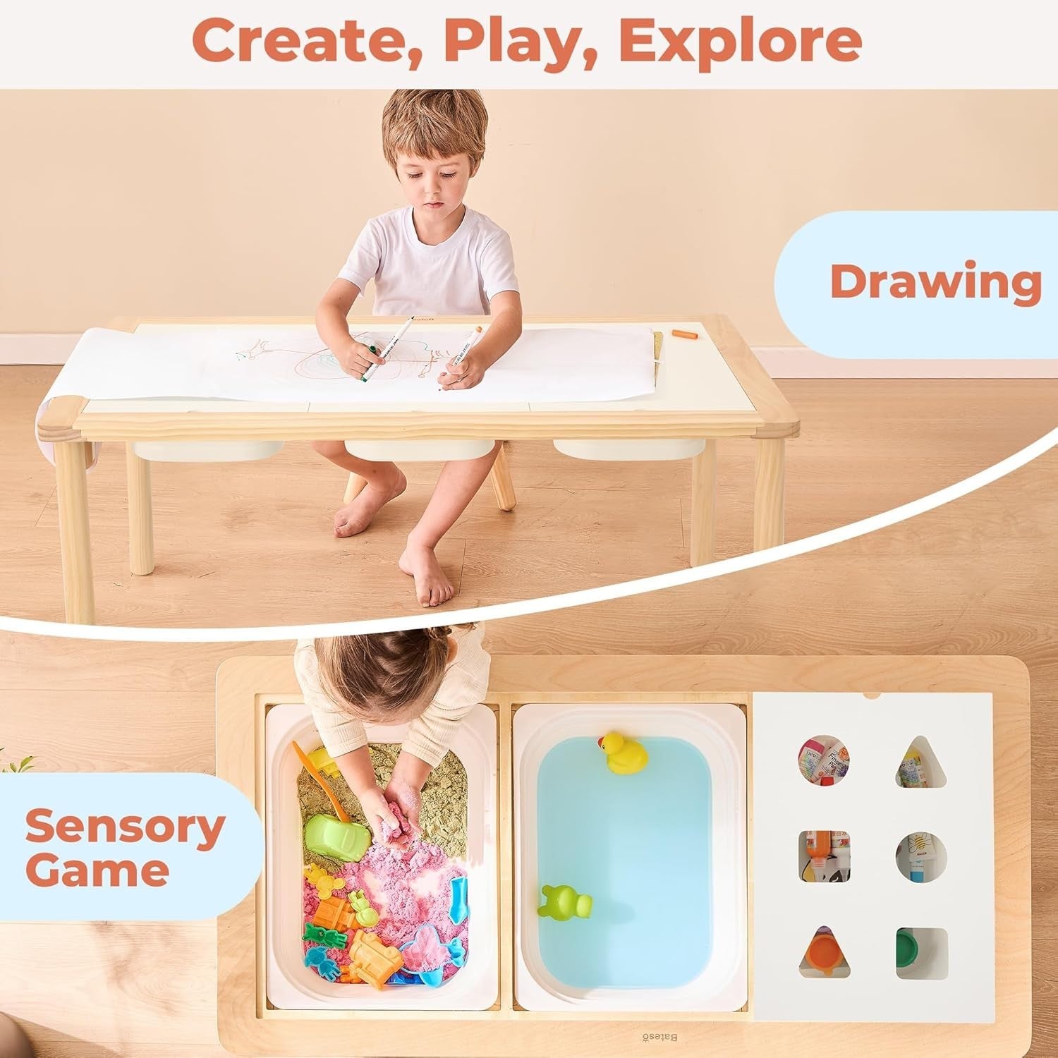 Wooden Sensory Table with 3 Bins Kids Activity Desk Sand Water Play 97cm