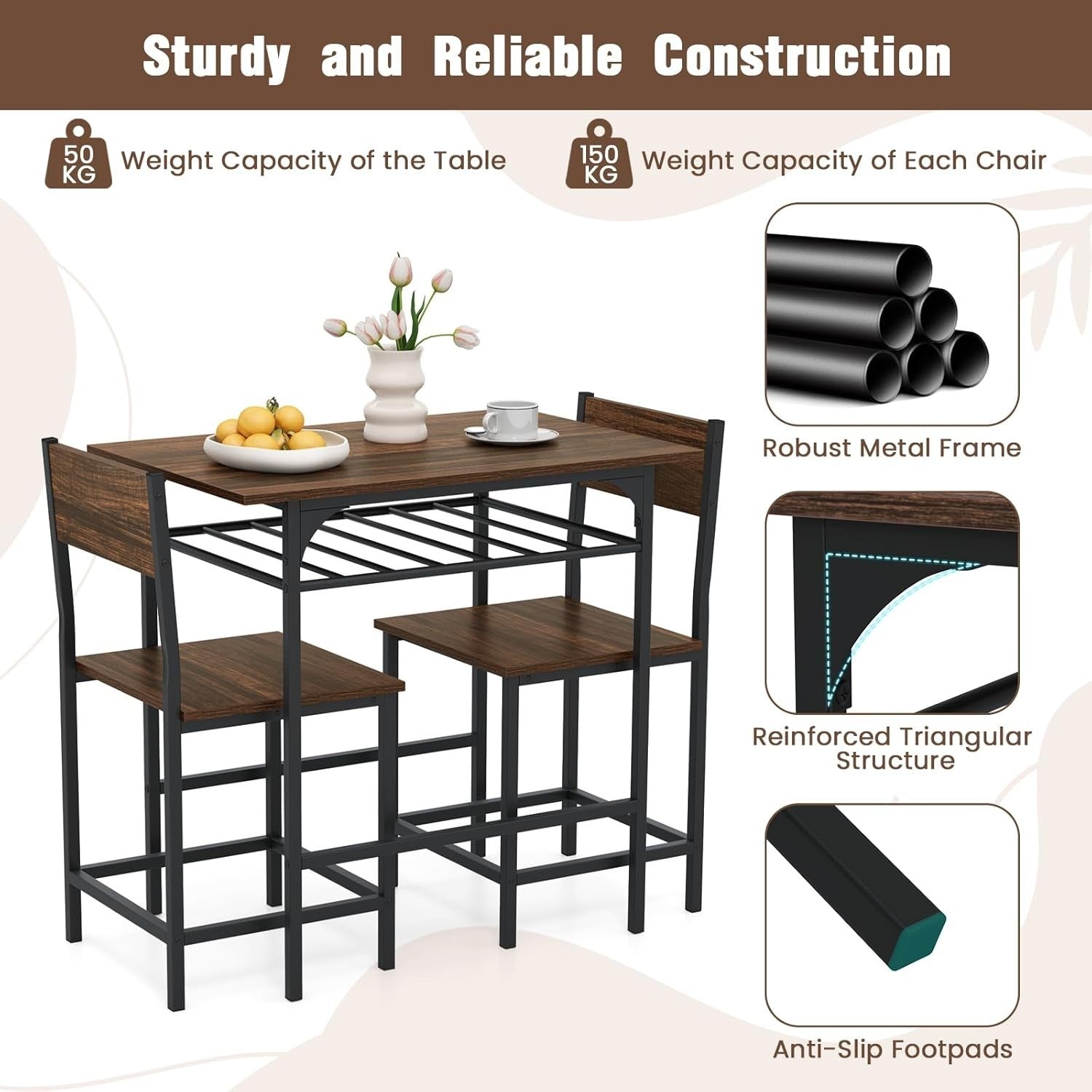 3-Piece Rustic Brown Bar Table Set with 2 Stools & Storage Rack Dining Furniture