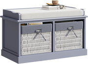 Blue Grey Shoe Storage Bench with Cushion 2 Wicker Baskets 76x30x46cm