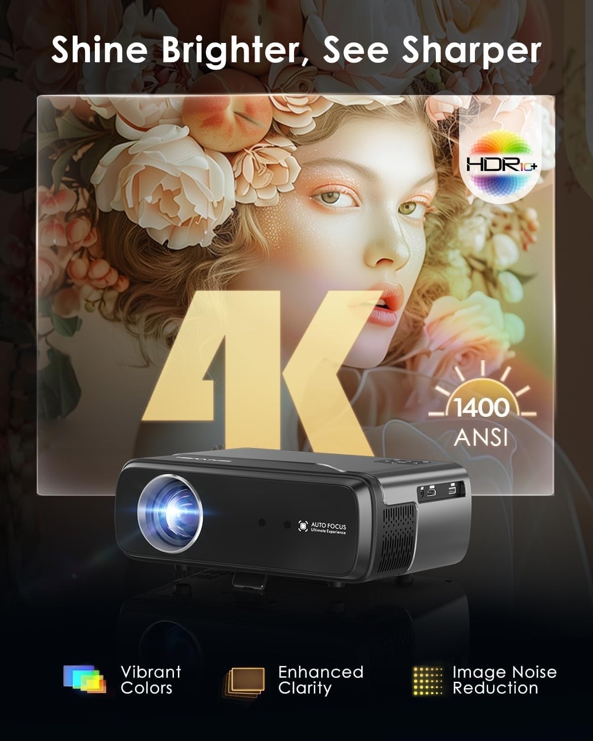 Smart 4K Projector 1400 ANSI Android TV WiFi 6 Bluetooth Auto Focus