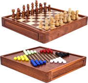 2-in-1 Wooden Magnetic Chess & Chinese Checkers Set with Storage Drawer