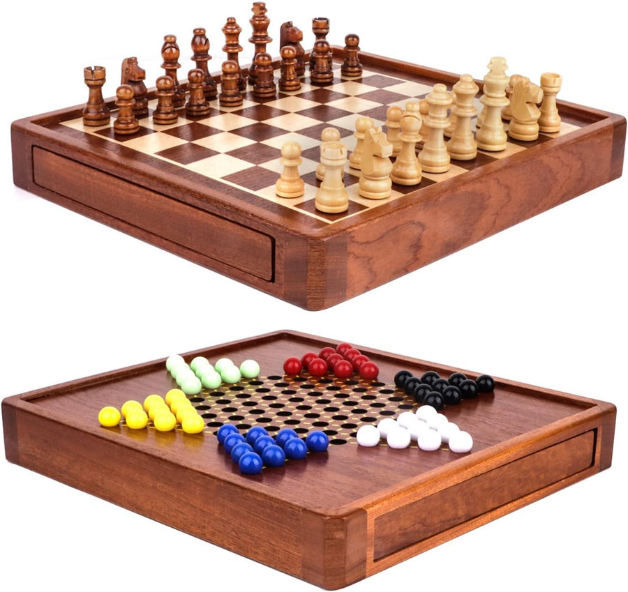 2-in-1 Wooden Magnetic Chess & Chinese Checkers Set with Storage Drawer