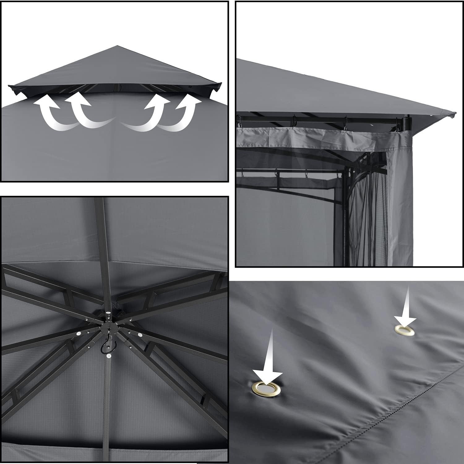 3x3M Grey Outdoor Gazebo With Netting Double Roof Waterproof Garden Patio Tent