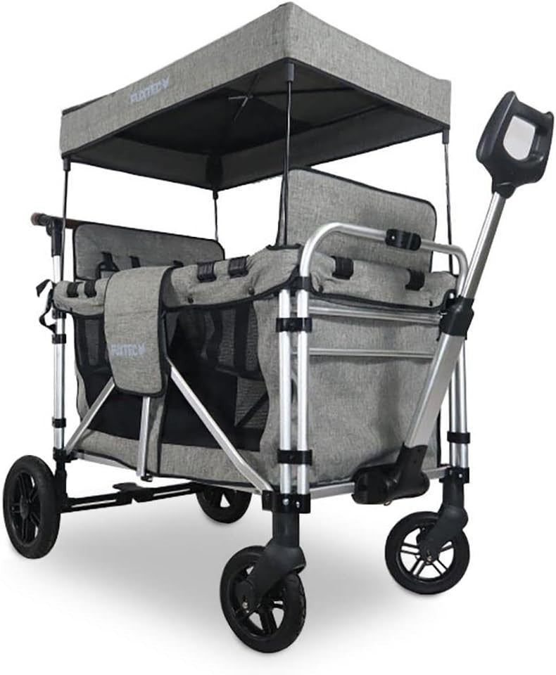 Premium Grey 4-Seater All-Terrain Kids Folding Wagon with Canopy & Safety Belts