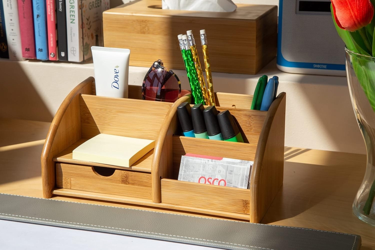 Bamboo Desk Organiser 6 Compartments 1 Drawer Office Tidy 3-Pack