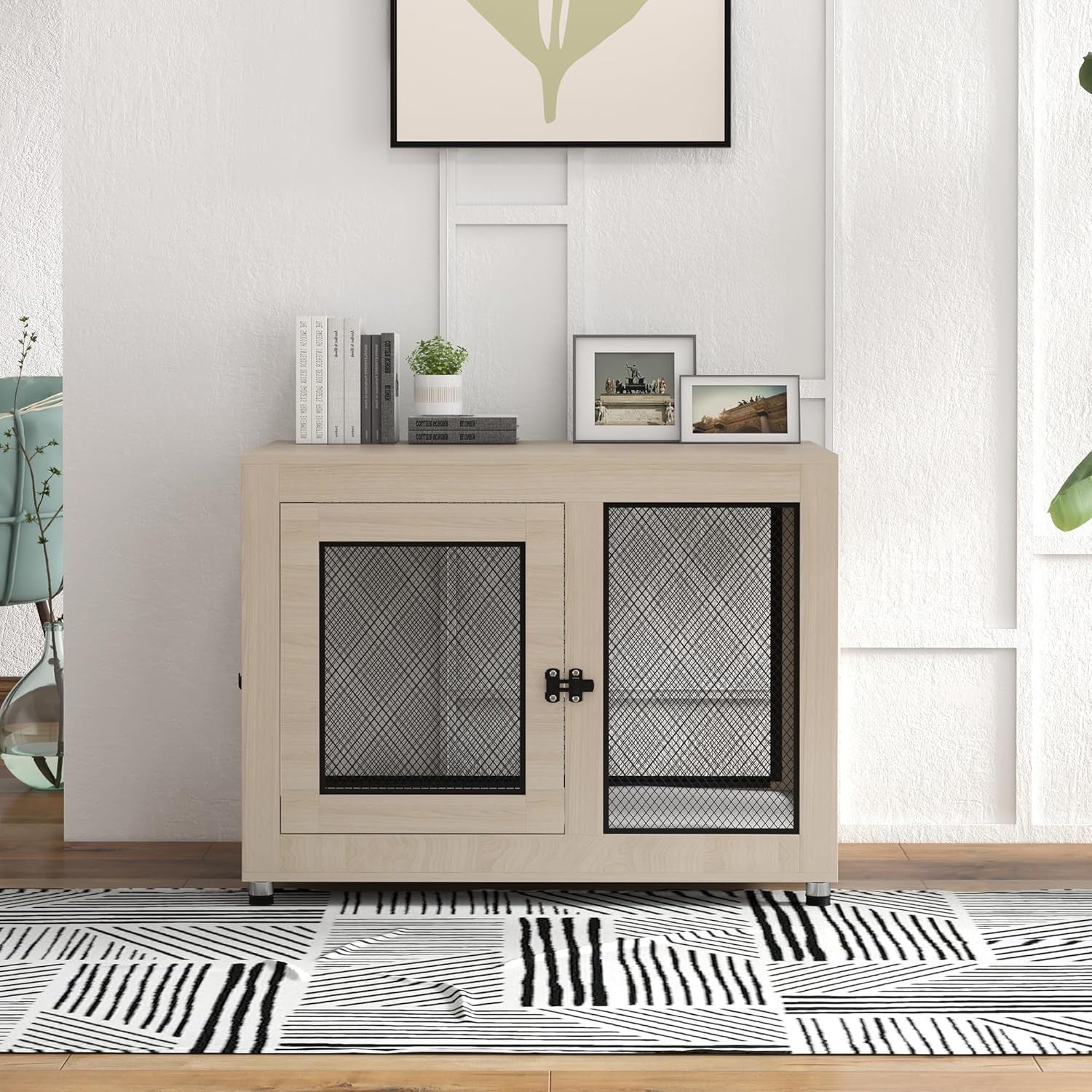 Modern Oak Dog Crate Table 94x60x71.5cm w/Lockable Doors & Washable Cushion