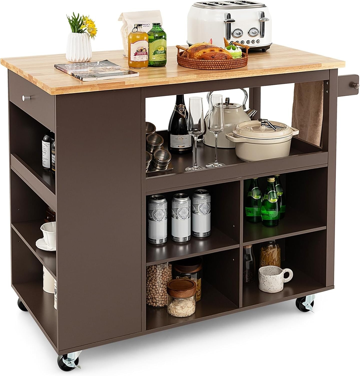 Large Kitchen Island on Wheels Storage Cart Drawer Shelves Wood Top