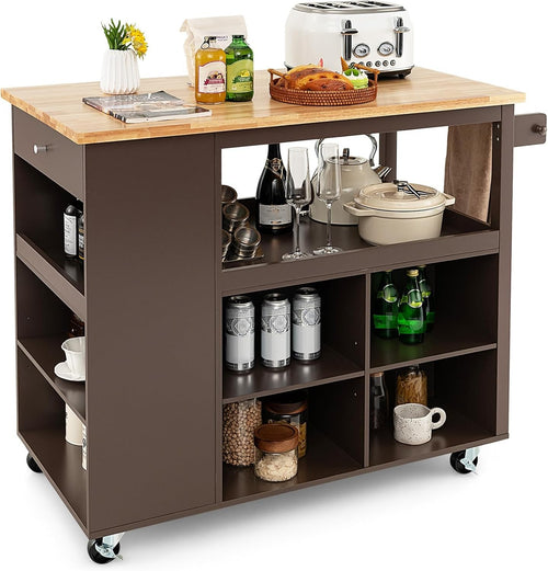 Large Kitchen Island on Wheels Storage Cart Drawer Shelves Wood Top