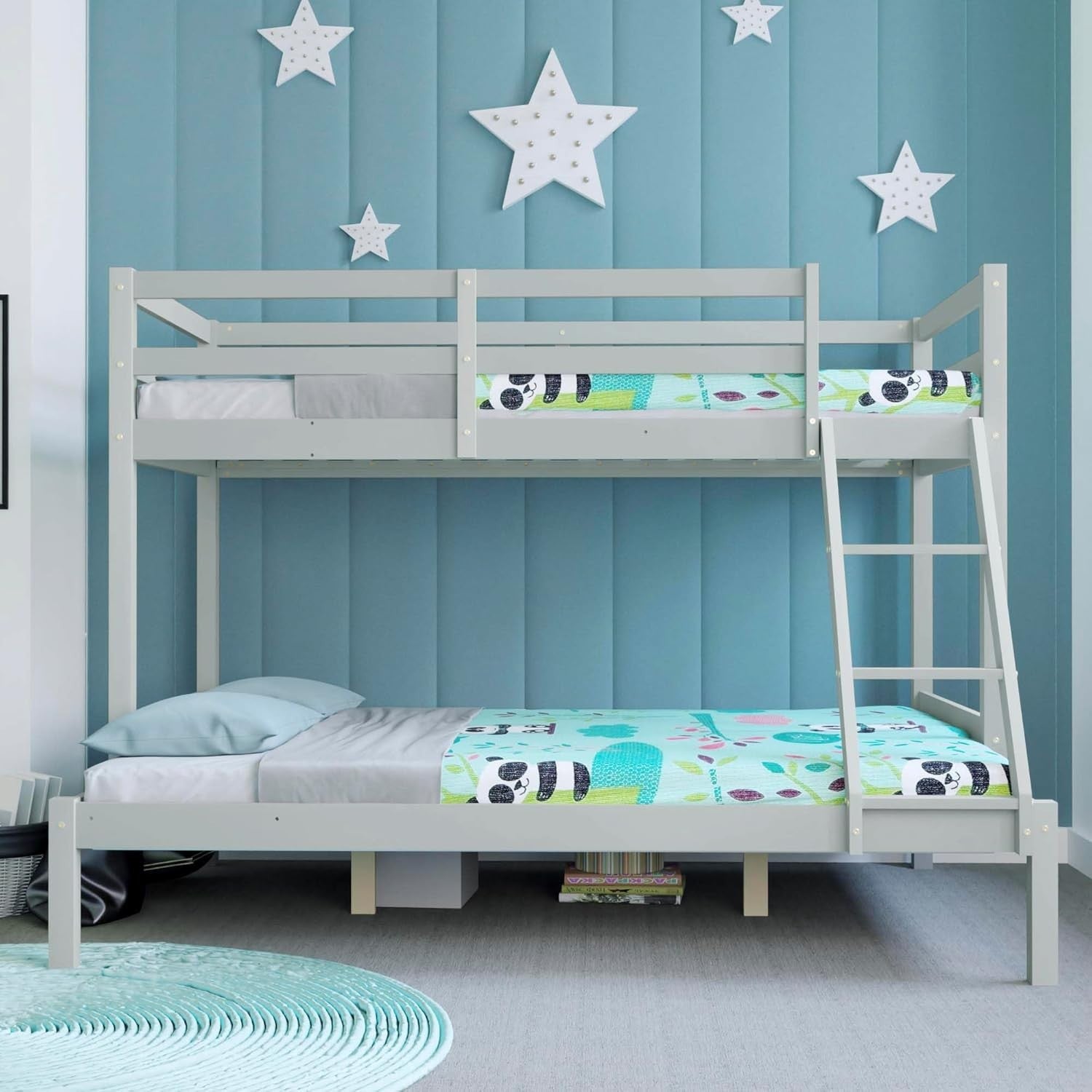 Triple Bunk Bed Grey Wooden Frame Kids Sleeper with Ladder 4FT 3FT Safe