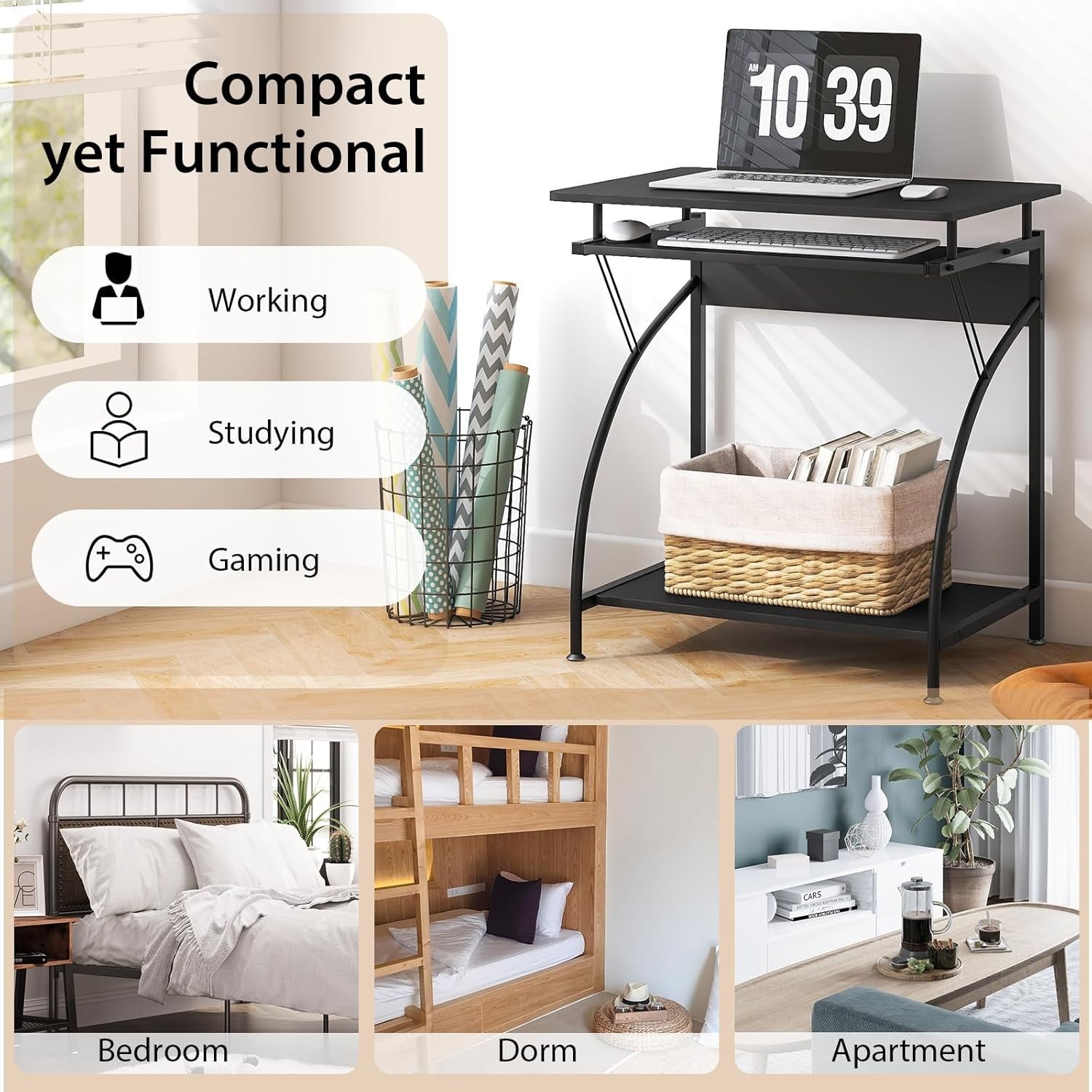 Compact Computer Desk with Keyboard Tray Storage Shelf Small Home Office Table