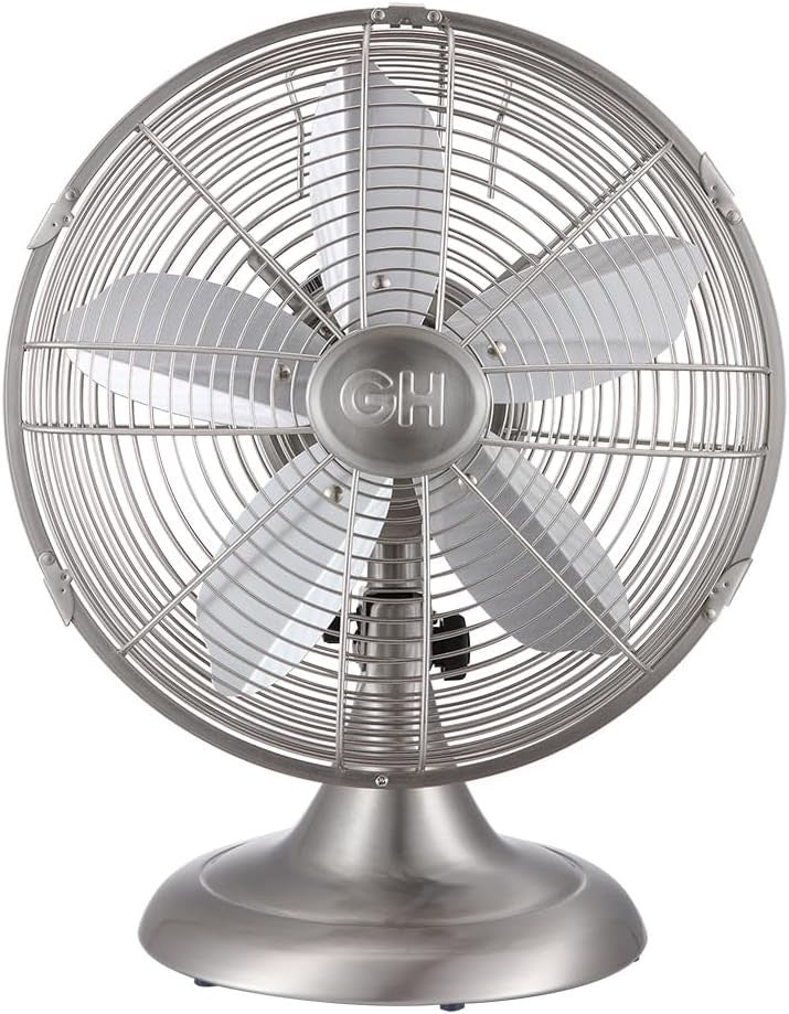 12" Retro Metal Table Fan – 3-Speed Tilt Oscillating Air Circulator Brush Nickel