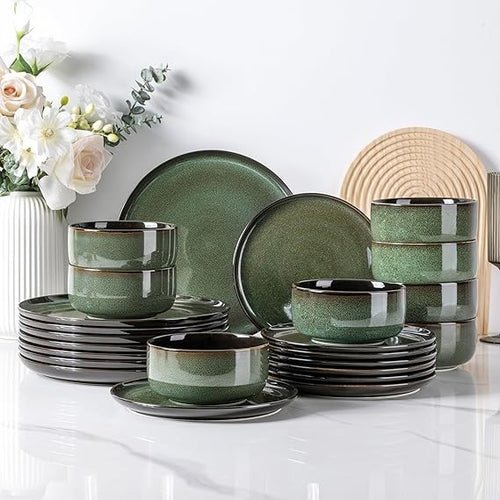 24pc Stoneware Dinner Set for 8 Jade Green Plates Bowls Microwave Safe