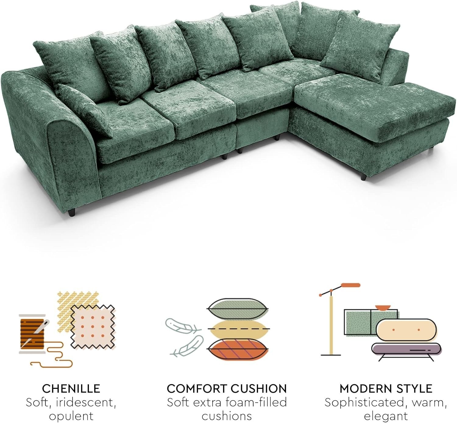 Large Green Chenille Corner Sofa – Right Hand L-Shaped Couch – 5 Seater