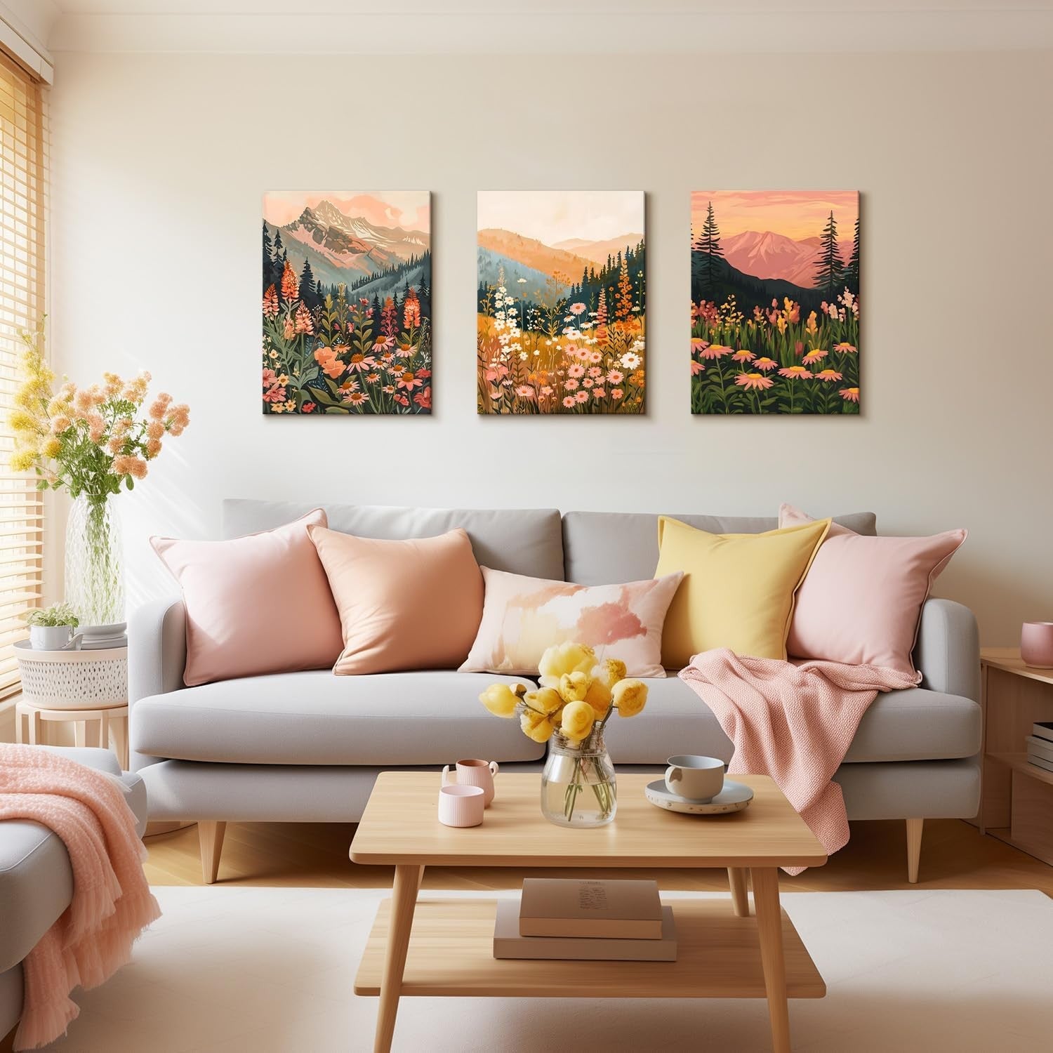 3‑Piece Boho Mountain & Wildflower Framed Wall Art 12×16″ Prints