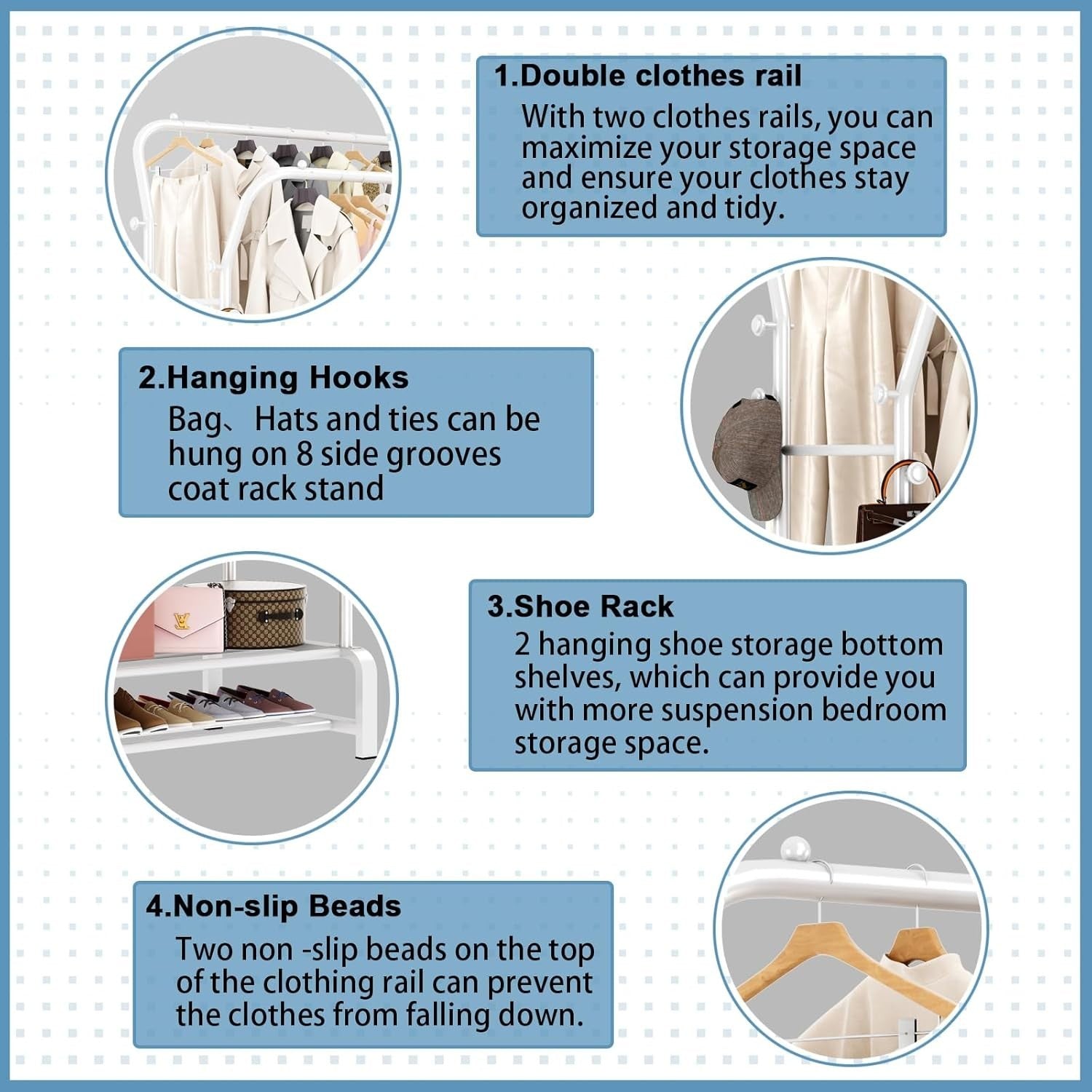 Heavy Duty White Metal Clothes Rail Double Rack with Hooks & Shelves