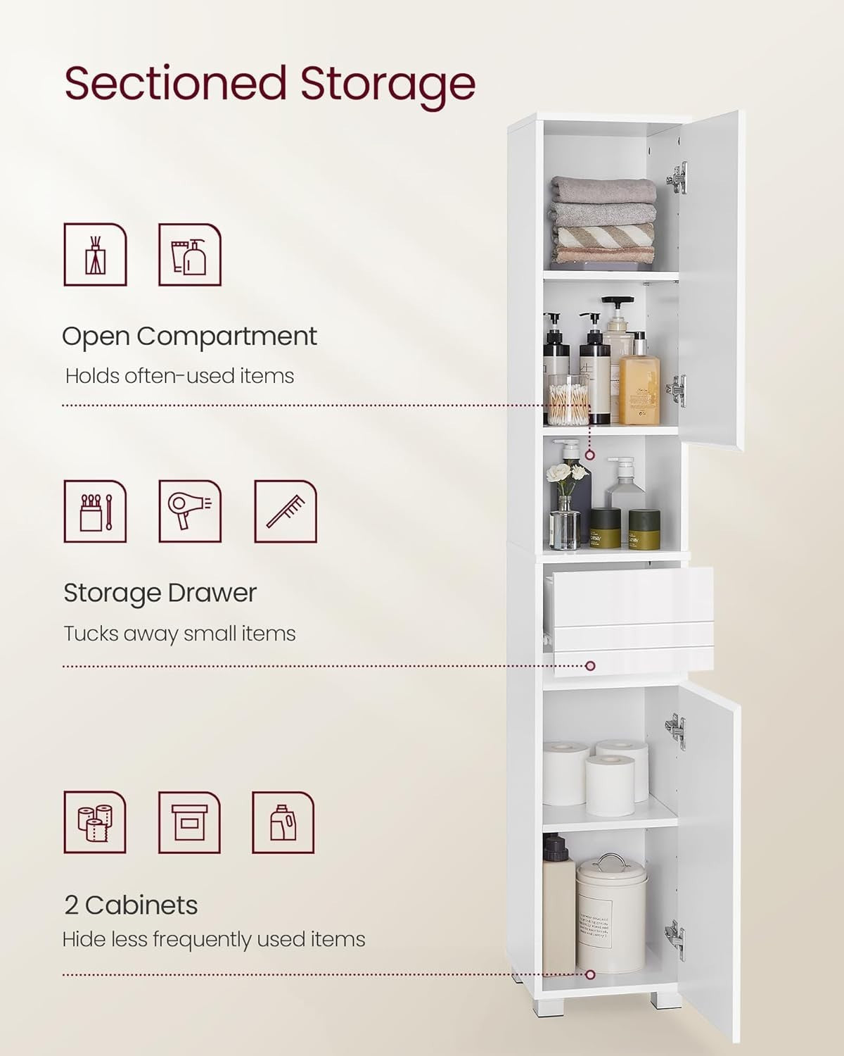 Slim Tall Bathroom Cabinet with Drawer, Adjustable Shelves & Lock, 170cm
