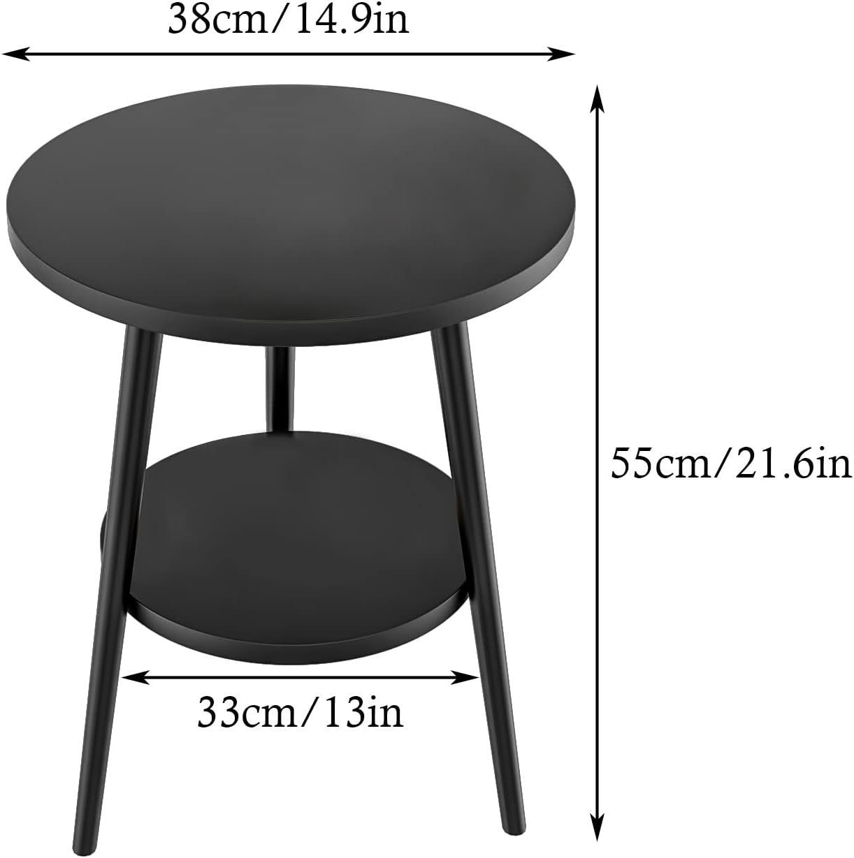 Modern 2-Tier Round Side Table with Metal Frame & Storage, 38x55cm Black