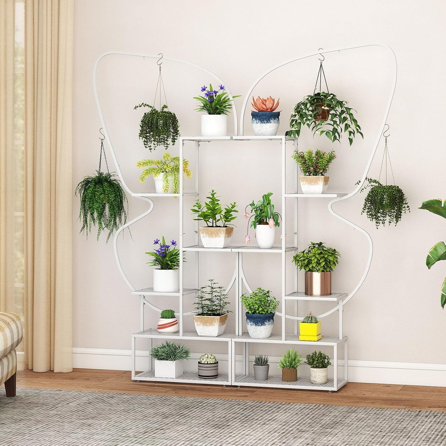 6 Tier White Metal Plant Stand Butterfly Shape Tall Indoor Outdoor Flower Shelf