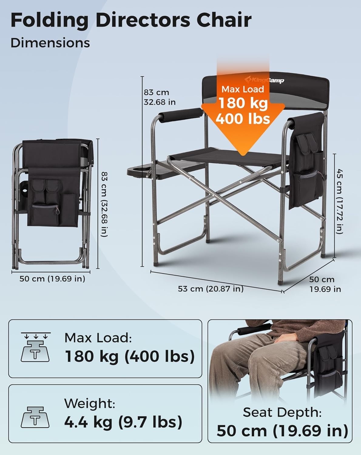 2x Heavy Duty Folding Directors Chairs 400LB W/ Side Table Pockets Grey