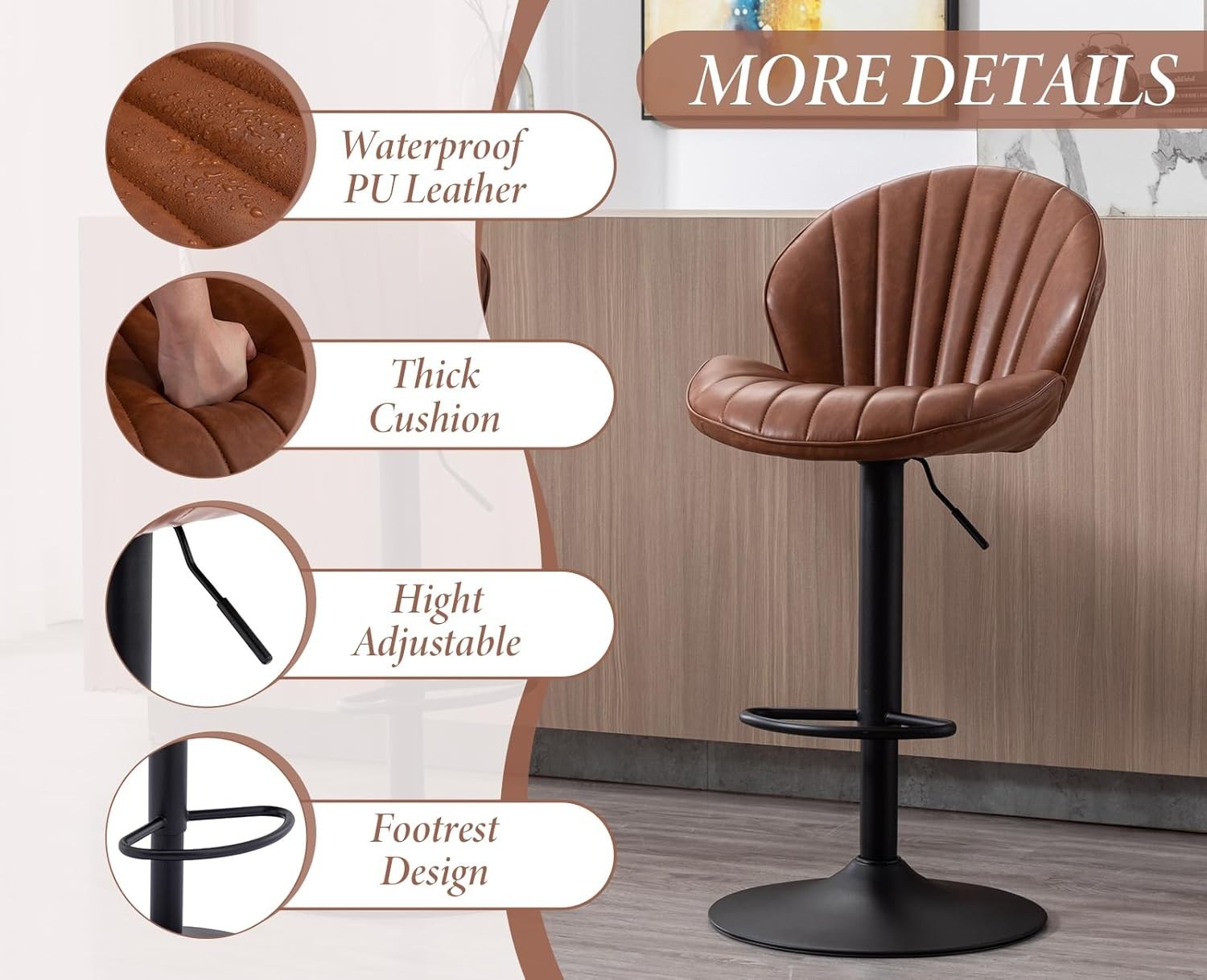 Brown PU Leather Swivel Bar Stools Set of 2 Adjustable Kitchen Counter Chairs