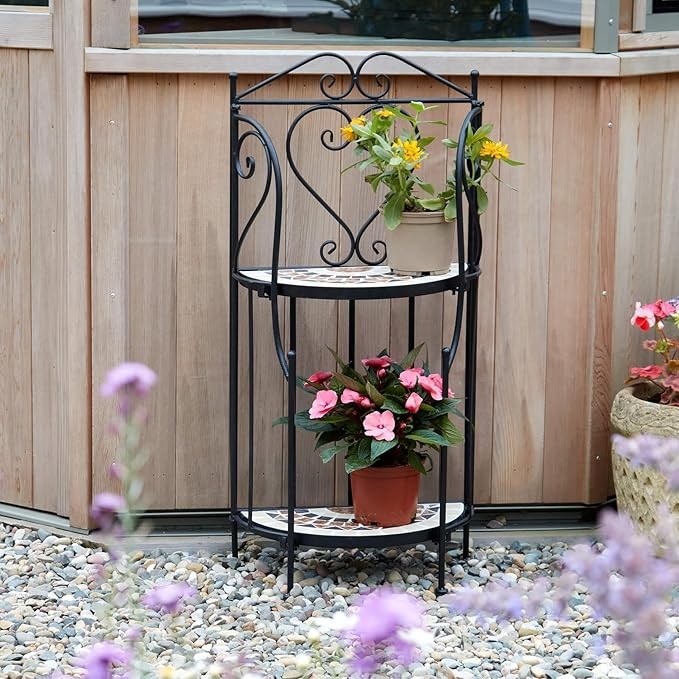 Metal Mosaic Plant Stand Black Garden Flower Display Shelf Indoor Outdoor