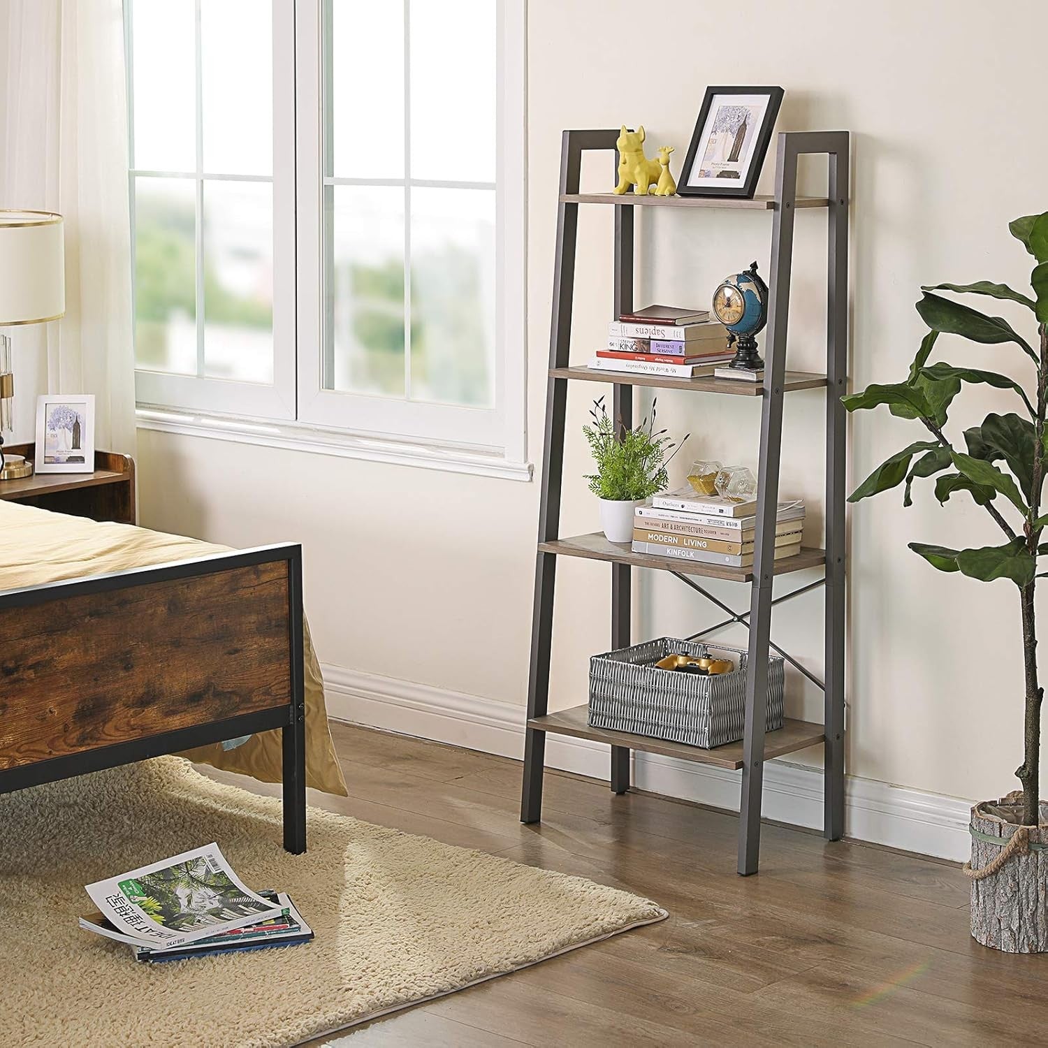 4-Tier Ladder Shelf Bookcase – Industrial Greige Storage Unit for Home & Office