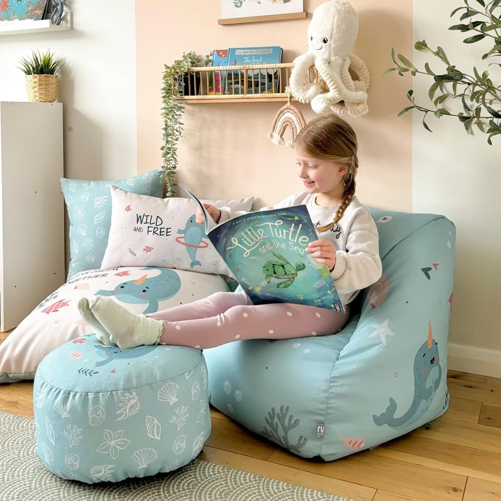 Kids Sea Themed Bean Bag Chair - Toddler Armchair Seat w/ Filling