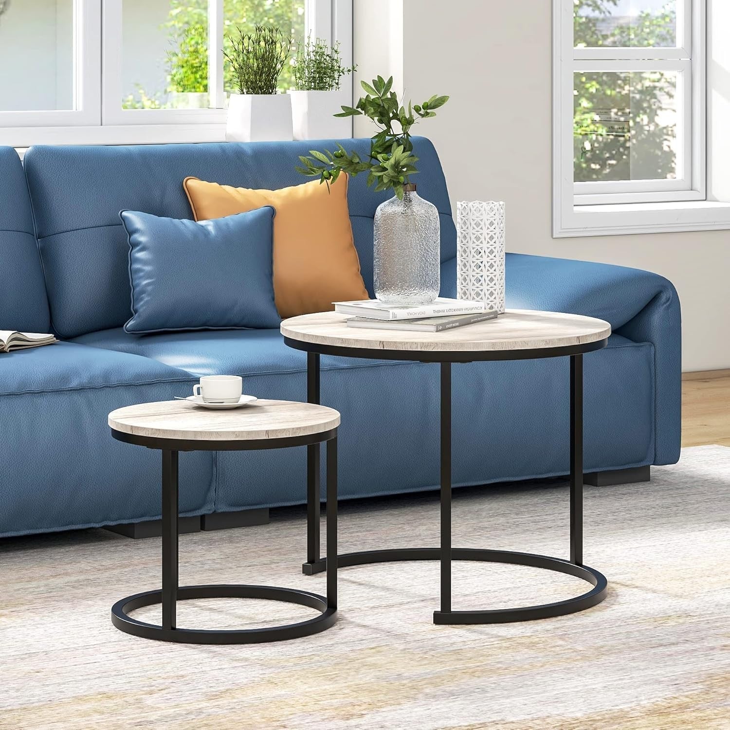 Nested Round Coffee Table Set of 2, Natural Oak Wood Finish, Space Saving Side E