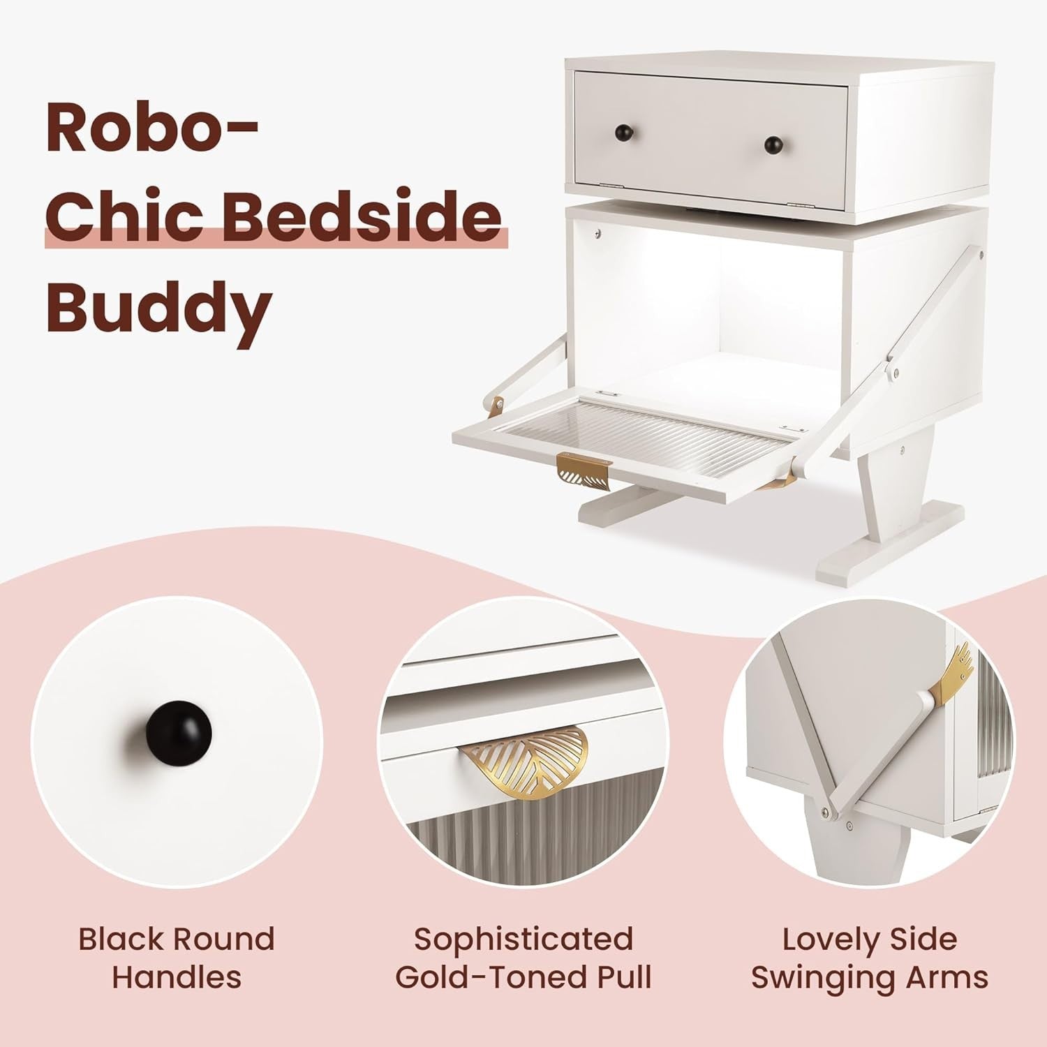 White LED Nightstand for Kids Bedroom with Rotating Drawer & Robot Design