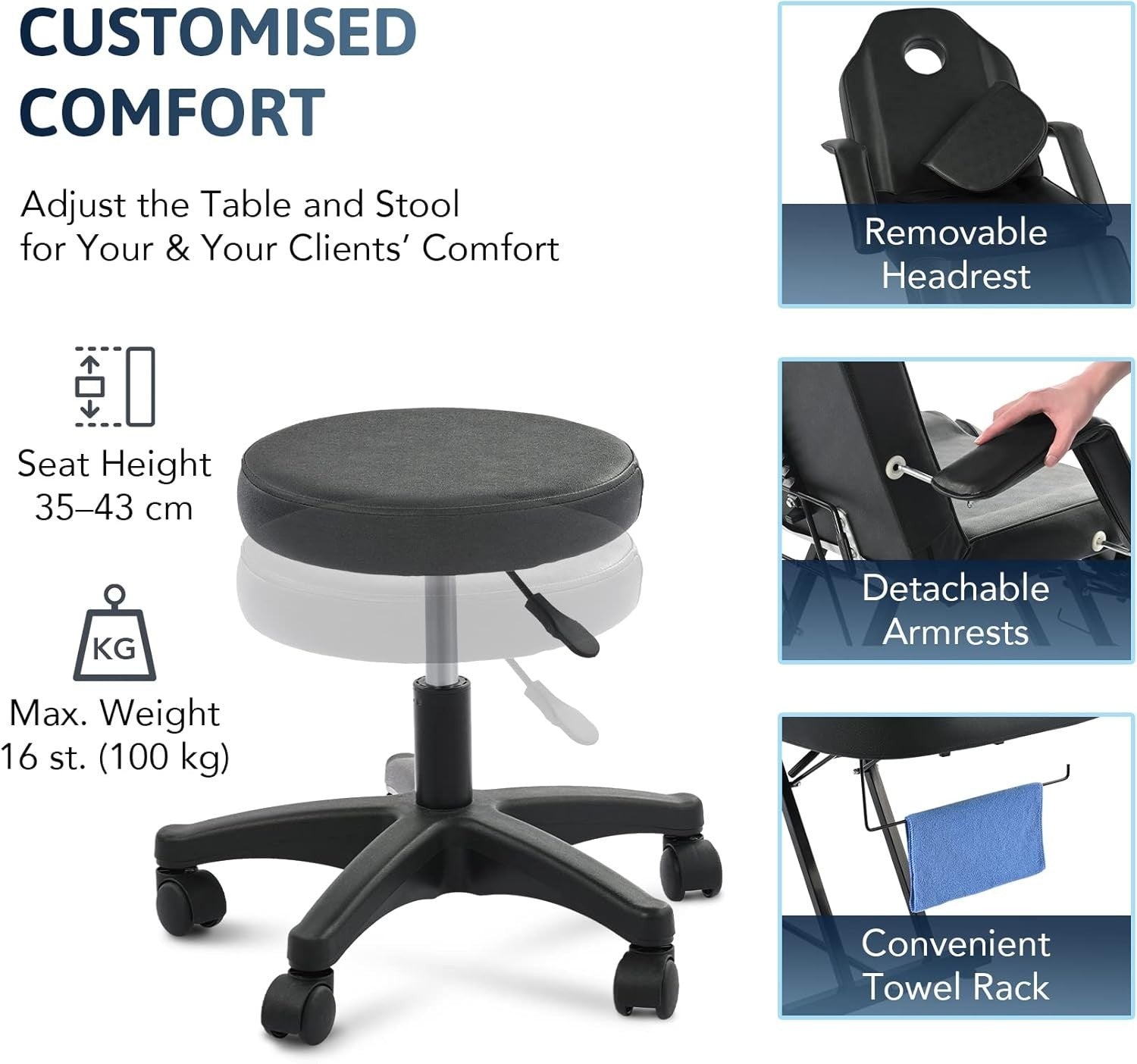 Adjustable 3-Section Beauty Massage Bed Steel Frame w/ Headrest Stool Black