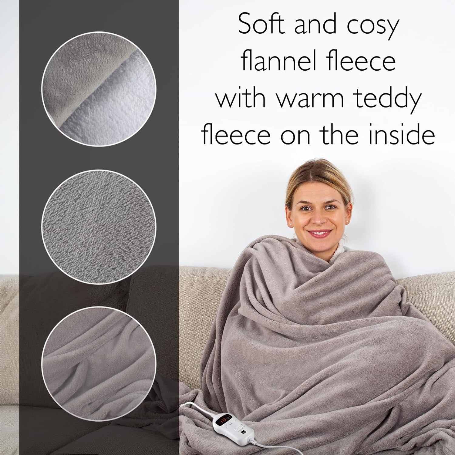Electric Heated Throw Blanket Fast Heat Fleece 10 Settings Timer Grey 160x120cm