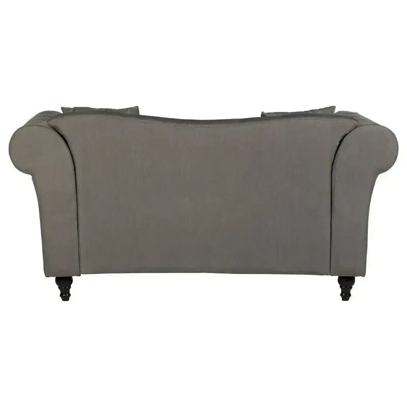 2 Seater Grey Chesterfield Sofa | Button Tufted Fabric Couch with Scroll Arms