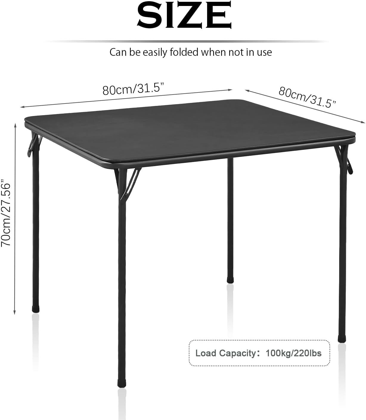 Square Folding Table 80x80cm Portable Vinyl Top Foldable Dining Gaming Black
