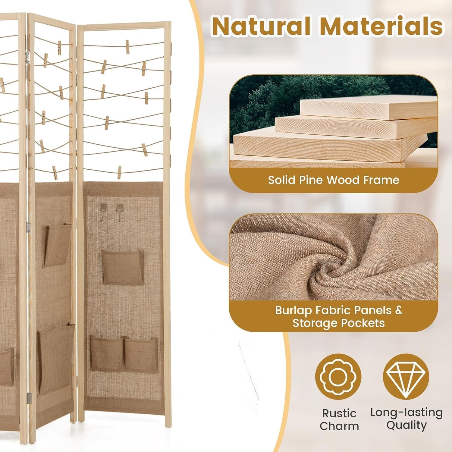 3 Panel Fabric Folding Room Divider with Hooks & Storage Pockets 120x170cm