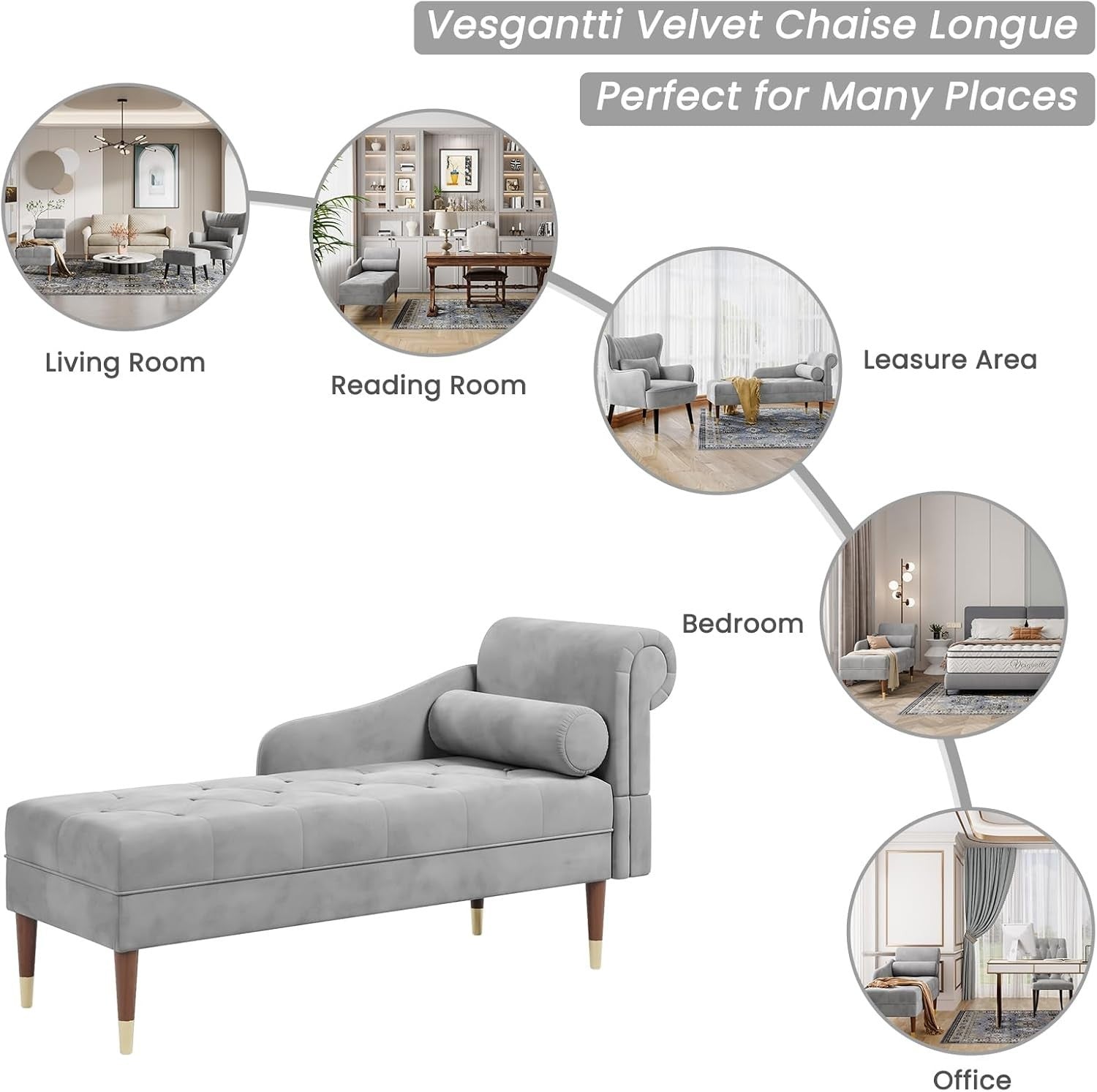 Luxury Grey Velvet Chaise Lounge Sofa Right Armrest – Space-Saving & Comfy