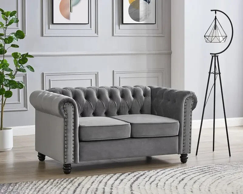 2 Seater Grey Chesterfield Sofa | Velvet Scroll Arm Studded Button Sofa UK