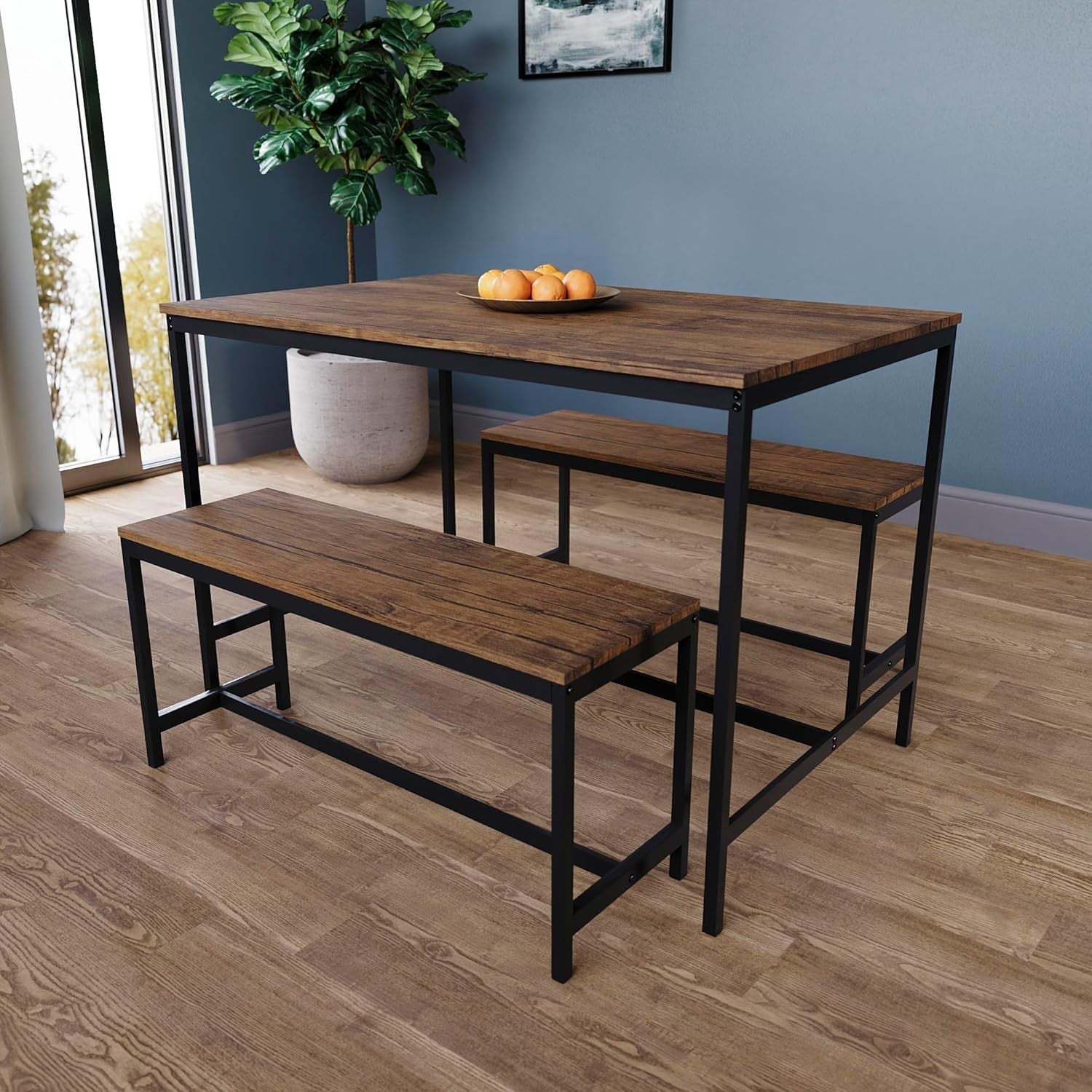 4 Seater Dining Table & Benches Set - Dark Wood Top, Metal Frame Compact