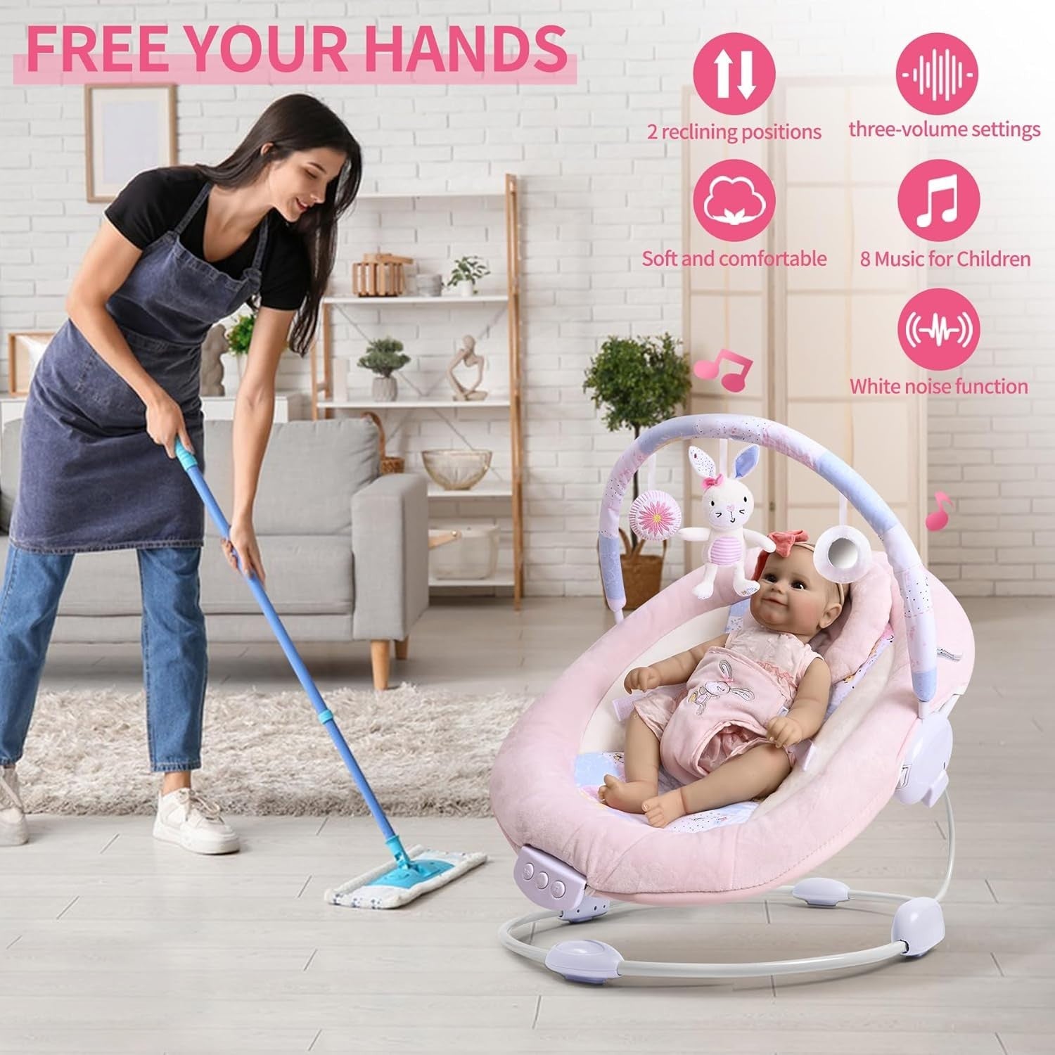 Baby Bouncer with Music Vibrations Toy Bar Soothing Seat Newborn Cradle Pink