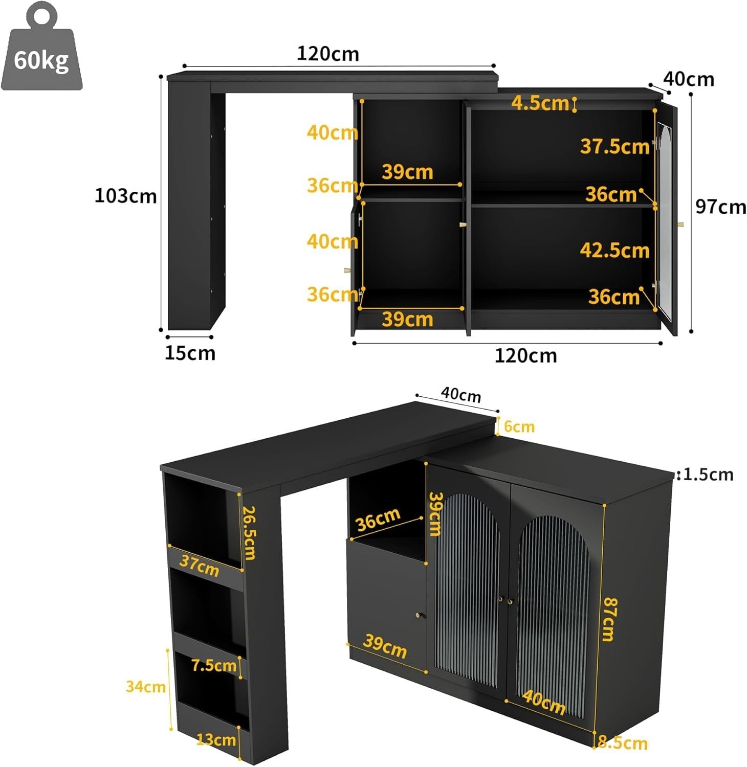 360° Rotating Kitchen Island Bar Cabinet with Glass Doors & Storage Shelves