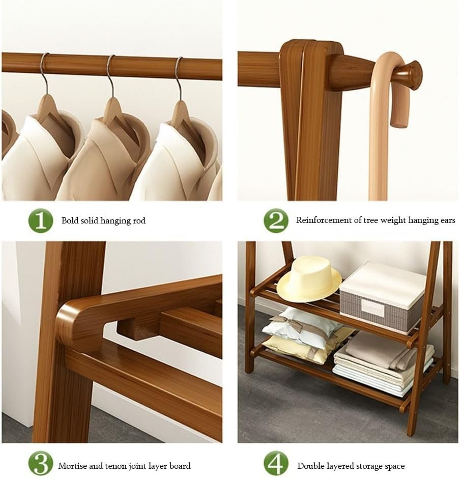 Foldable Wooden Clothes Rail Stand with Shelves, Pine Garment Rack (Wood)