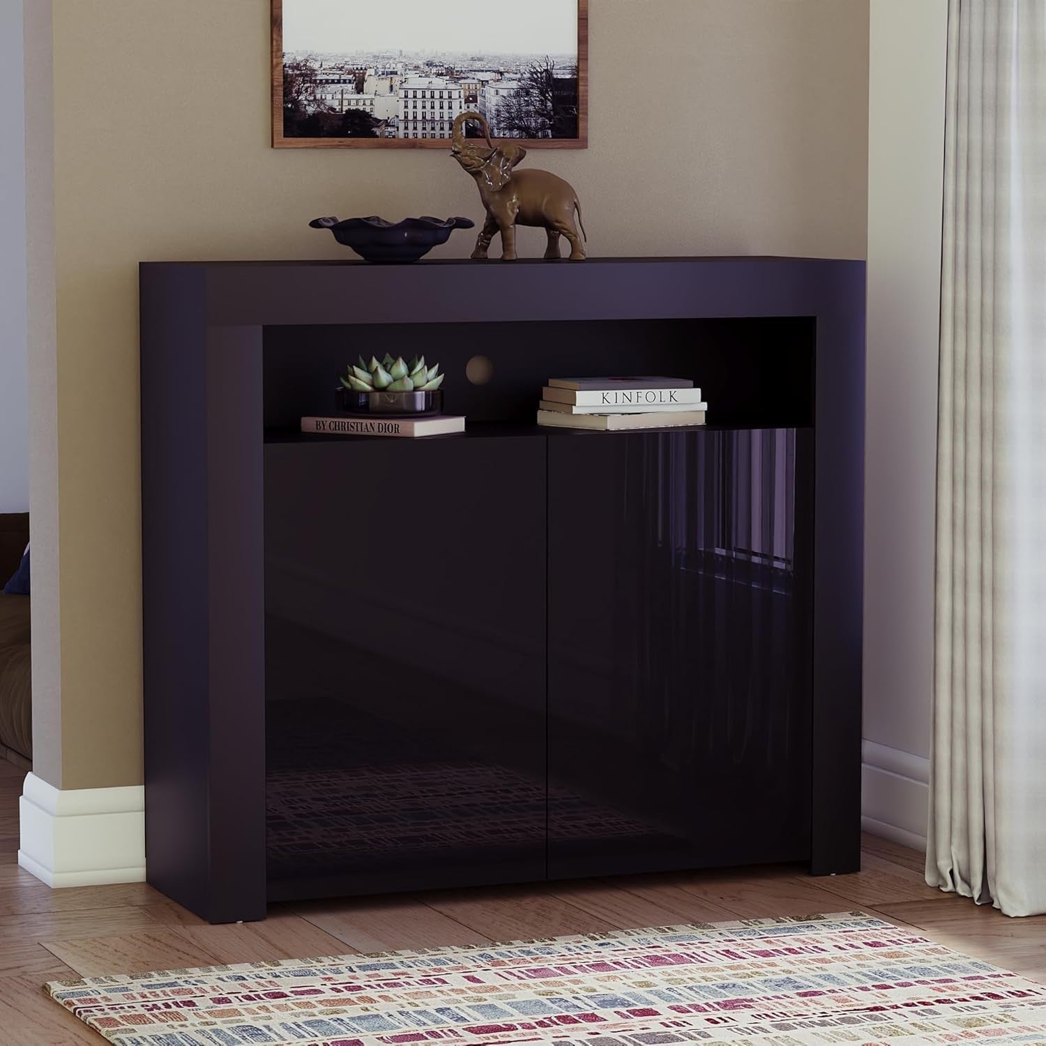 Modern Black LED Sideboard 2 Doors Magnetic Storage Cabinet RGB Lighting