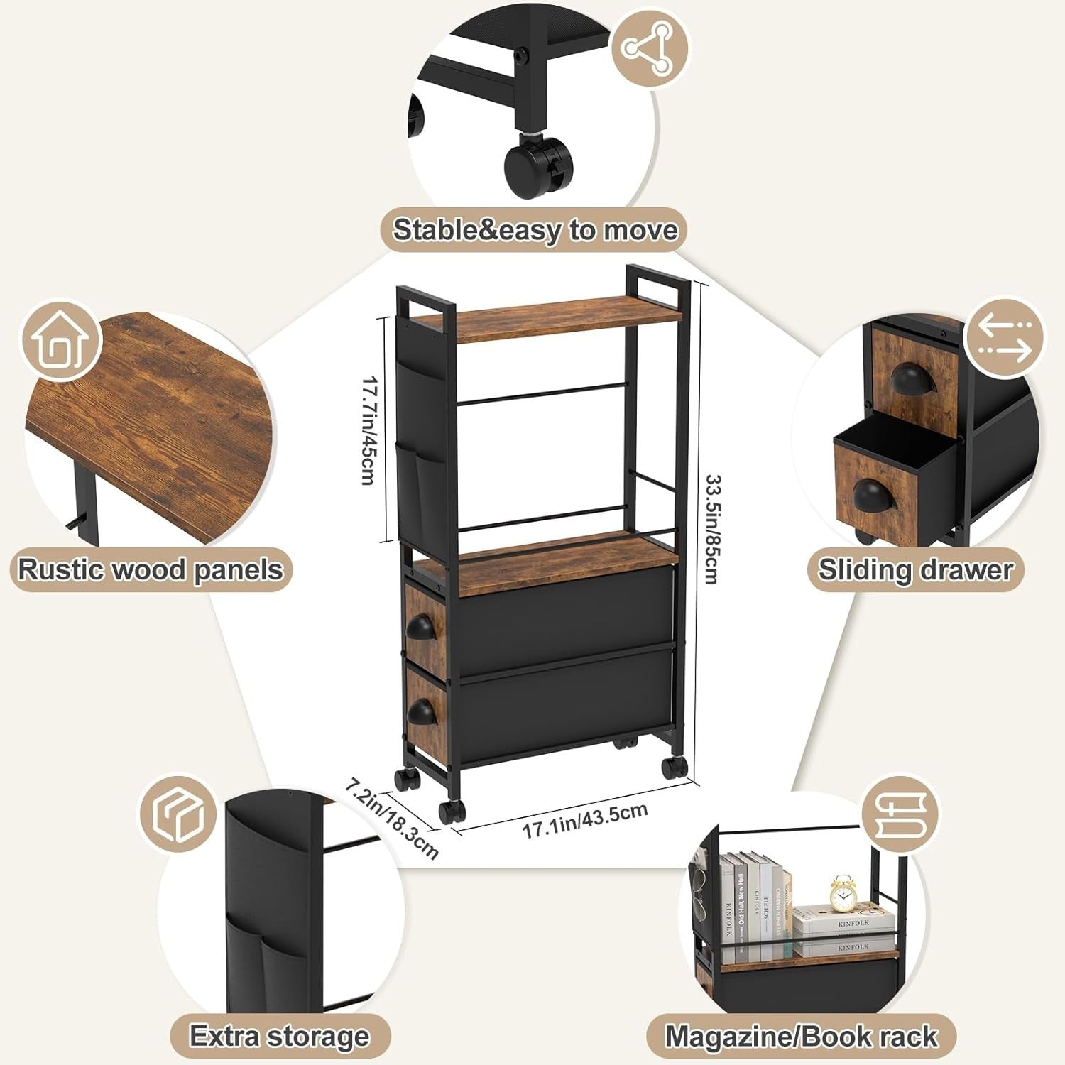 Retro Black Narrow Side Table 42x20x80 cm | Slim Nightstand w/ Drawers & Storage