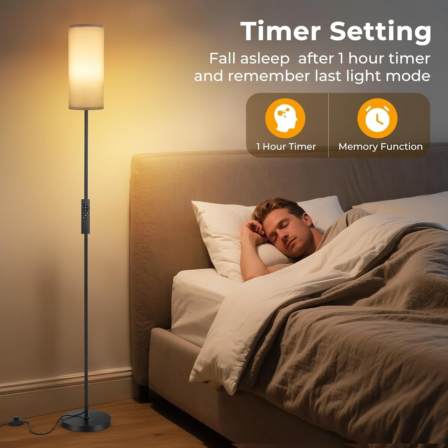 Modern Floor Lamp Linen Shade Remote Foot Switch Dimmable Tall Standing Light