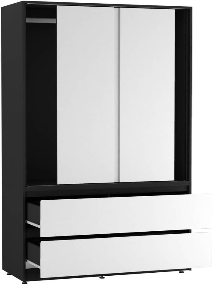 White Sliding Door Wardrobe with 4 Drawers & Hanging Rail – Space Saver