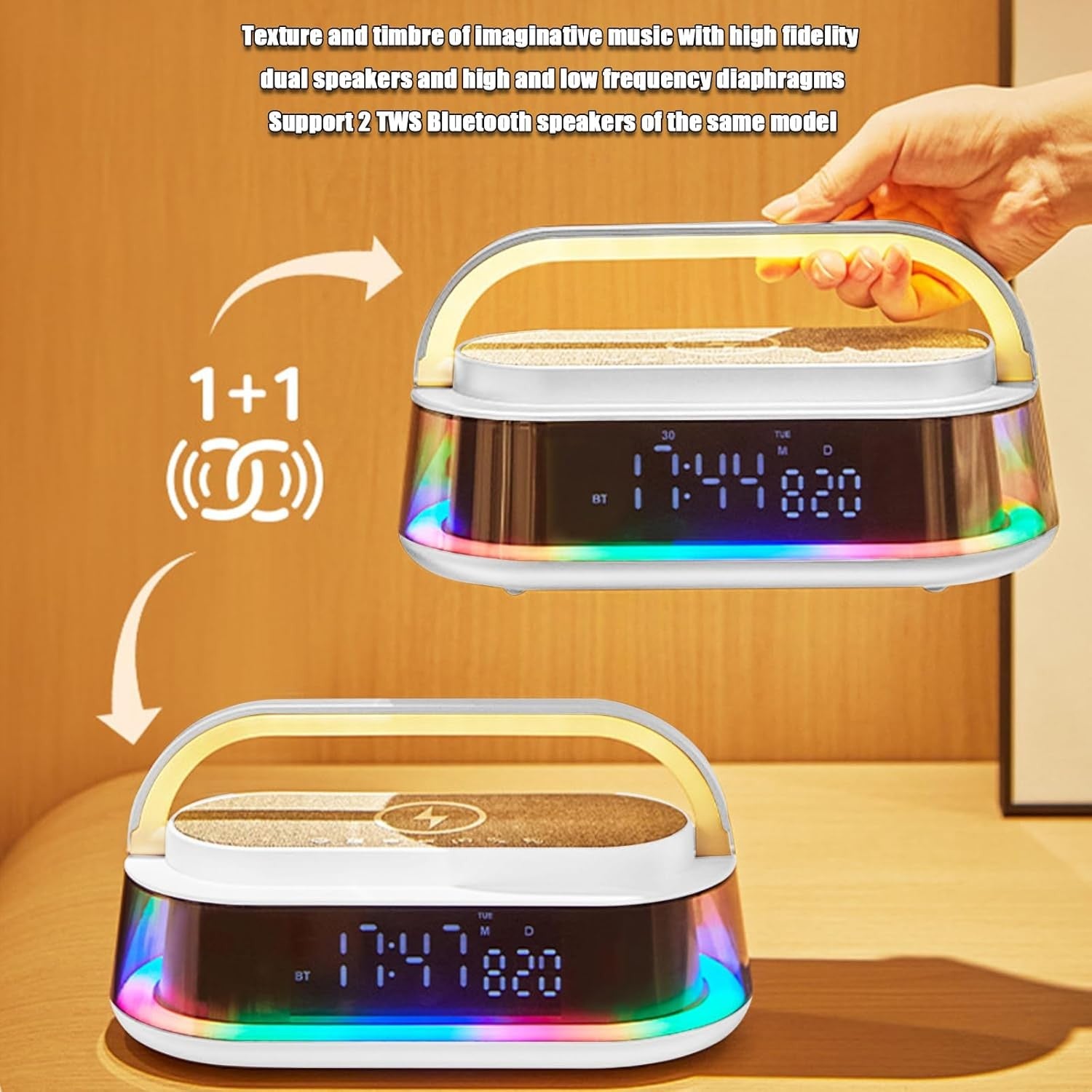 Bluetooth Radio Alarm Clock Wireless Charging Speaker LED Night Light