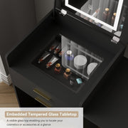 Black Foldable Vanity Desk w/ Lighted Mirror & Stool Small Space 2 Drawers