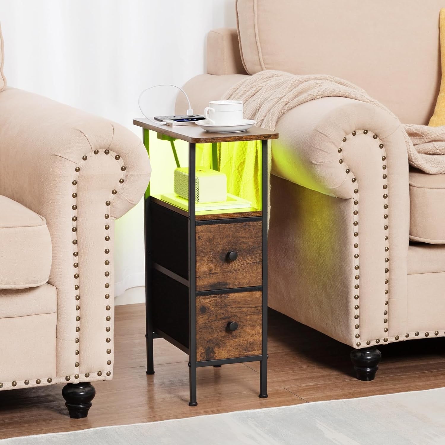 Slim LED Bedside Table with Charging Station, 2 Drawers & Shelf Storage Brown