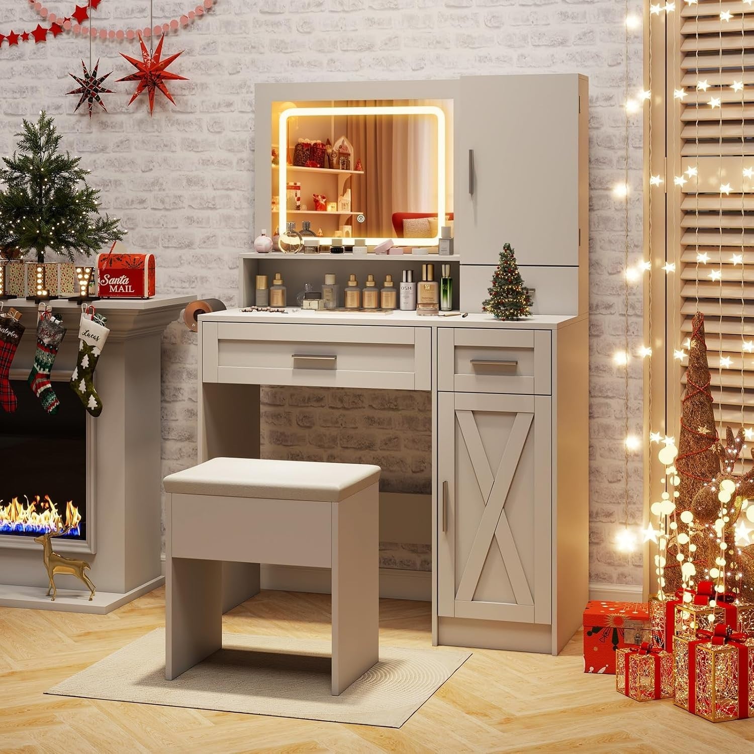 White Vanity Makeup Table Set with LED Lighted Mirror & Charging Station